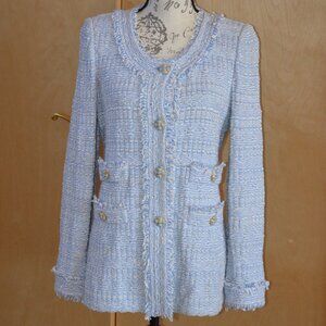 St. John knit blue tweed fringe jacket, size 4?